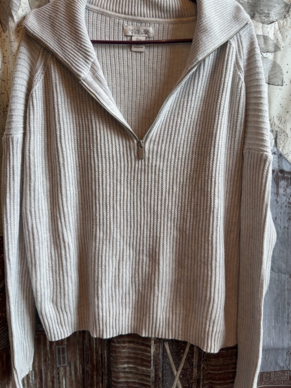 Rachel Zoe Light Grey Ribbed Half-Zip Pullover